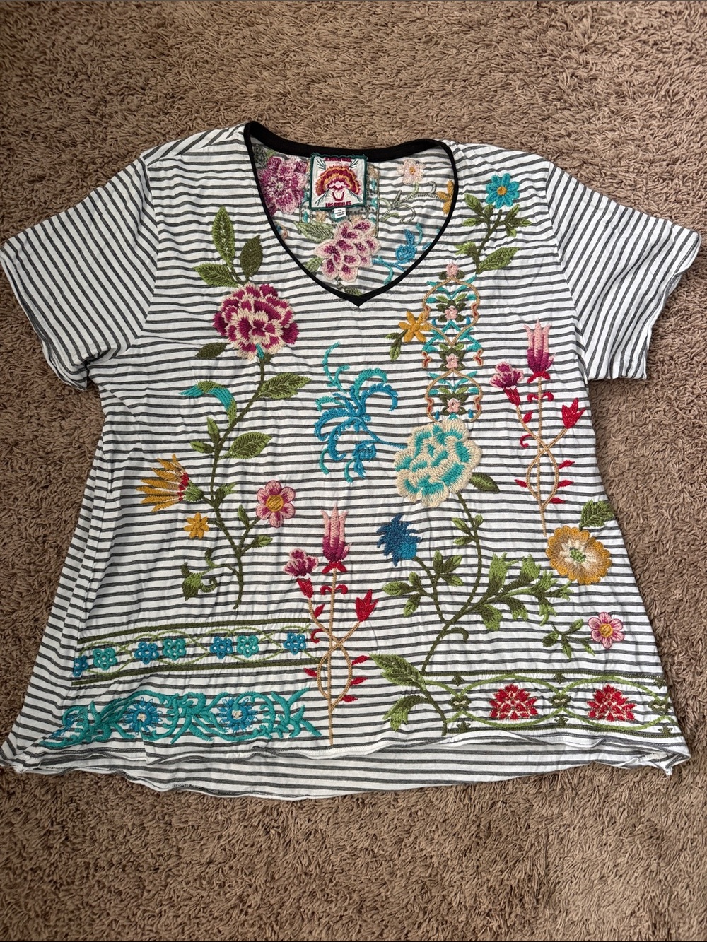 Johnny Was Striped V‑Neck Tee with Multicolor Floral Embroidery